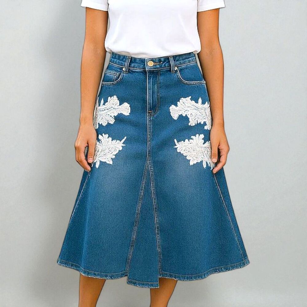 Goddess Jeans Denim Full Tulip Skirt White Lace Embellished Women’s Size 15/16